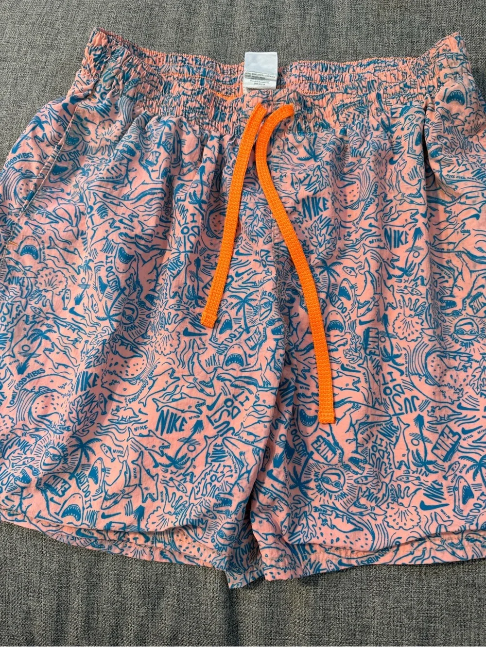 Nike Coral Swim Shorts with Blue Print and Orange Drawstring size XL 3 pockets